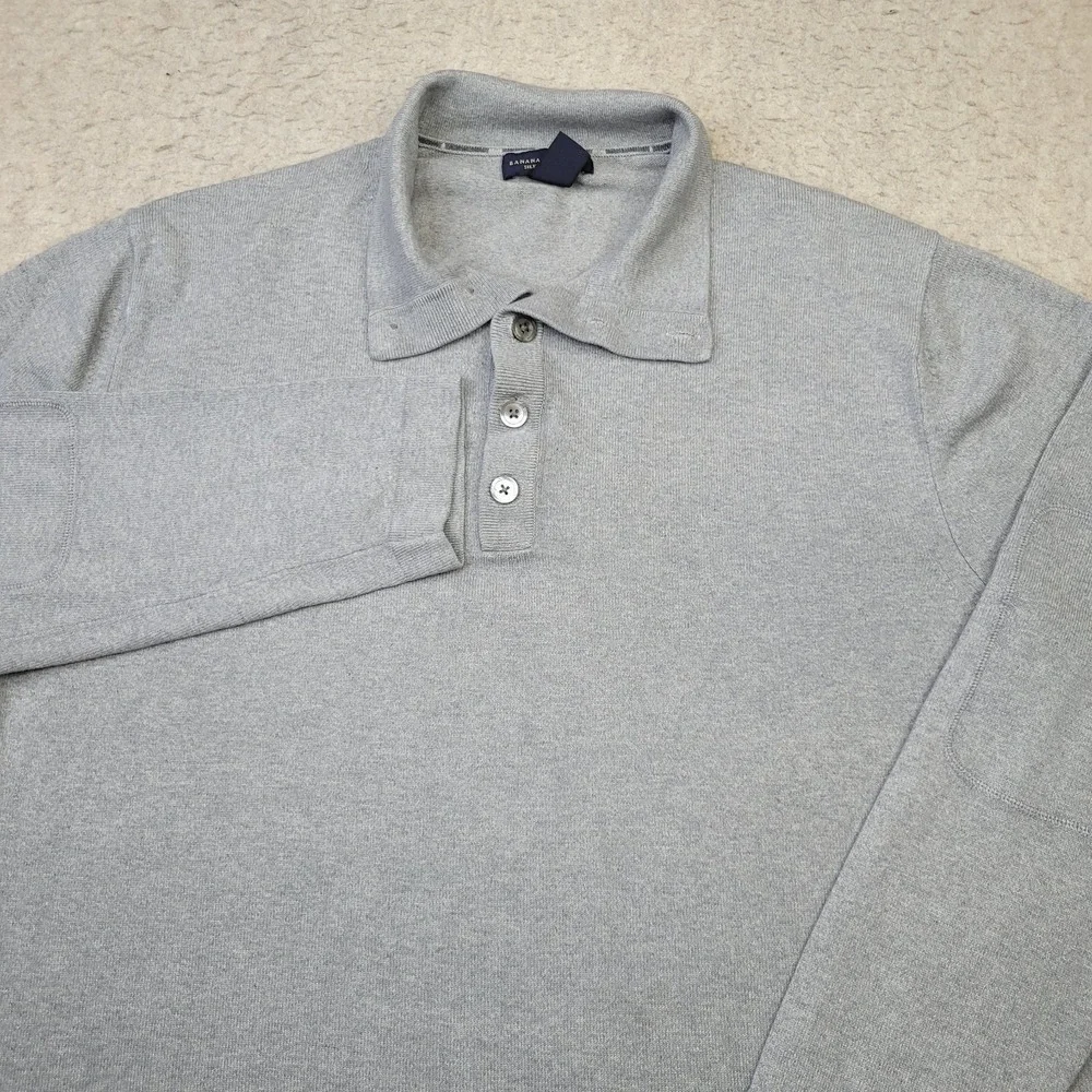 Banana Republic Sweater Silk Cashmere 1/4 Button Pullover Mens XL Gray Elbow Pad